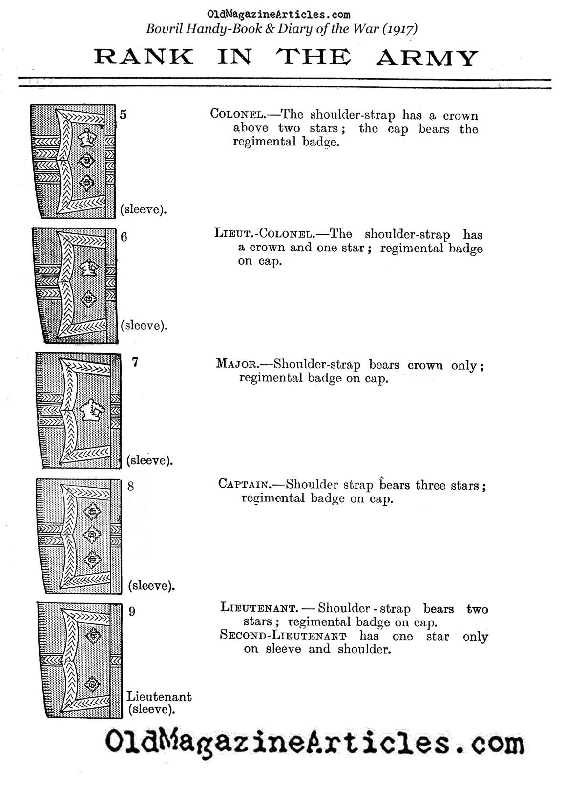 British Officer's Uniform Insignia  (Bovril Booklet, 1917)